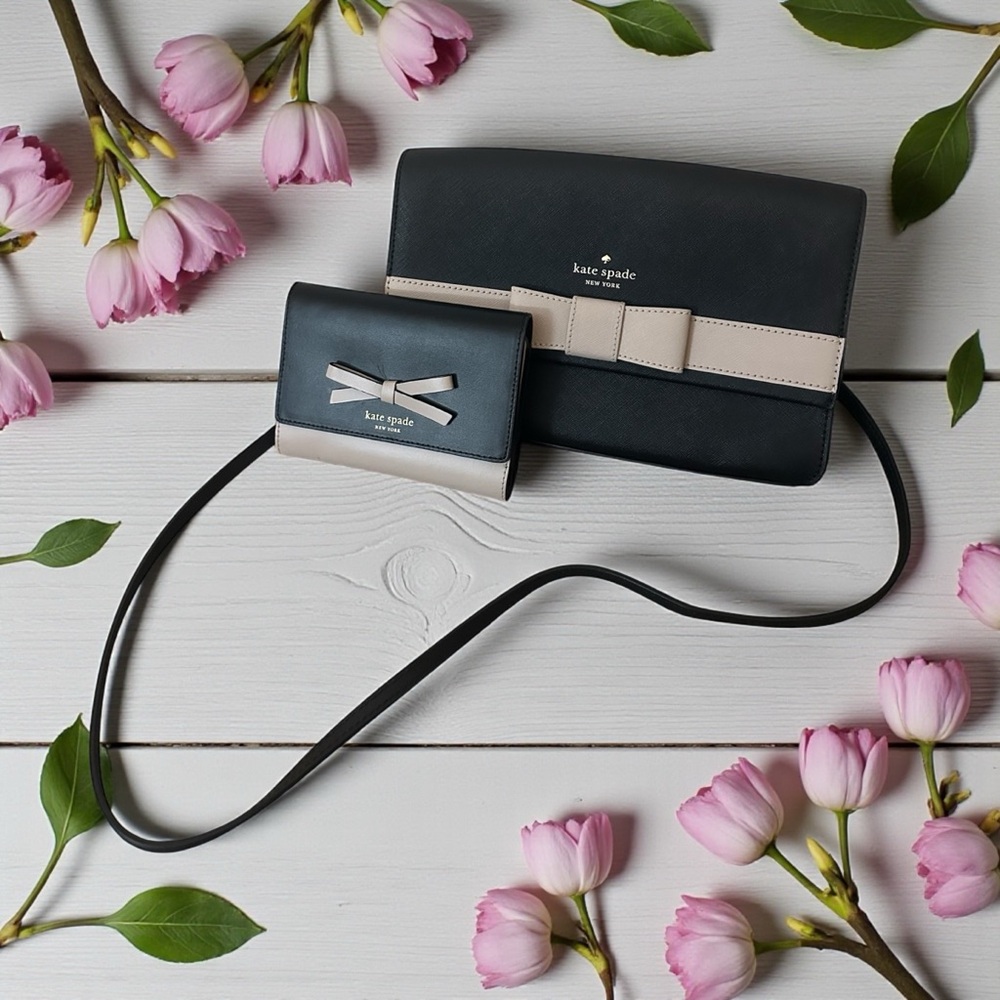 Kate Spade Set Black & Warm Beige Kirk Park New Crossbody & Trifold Bow Wallet